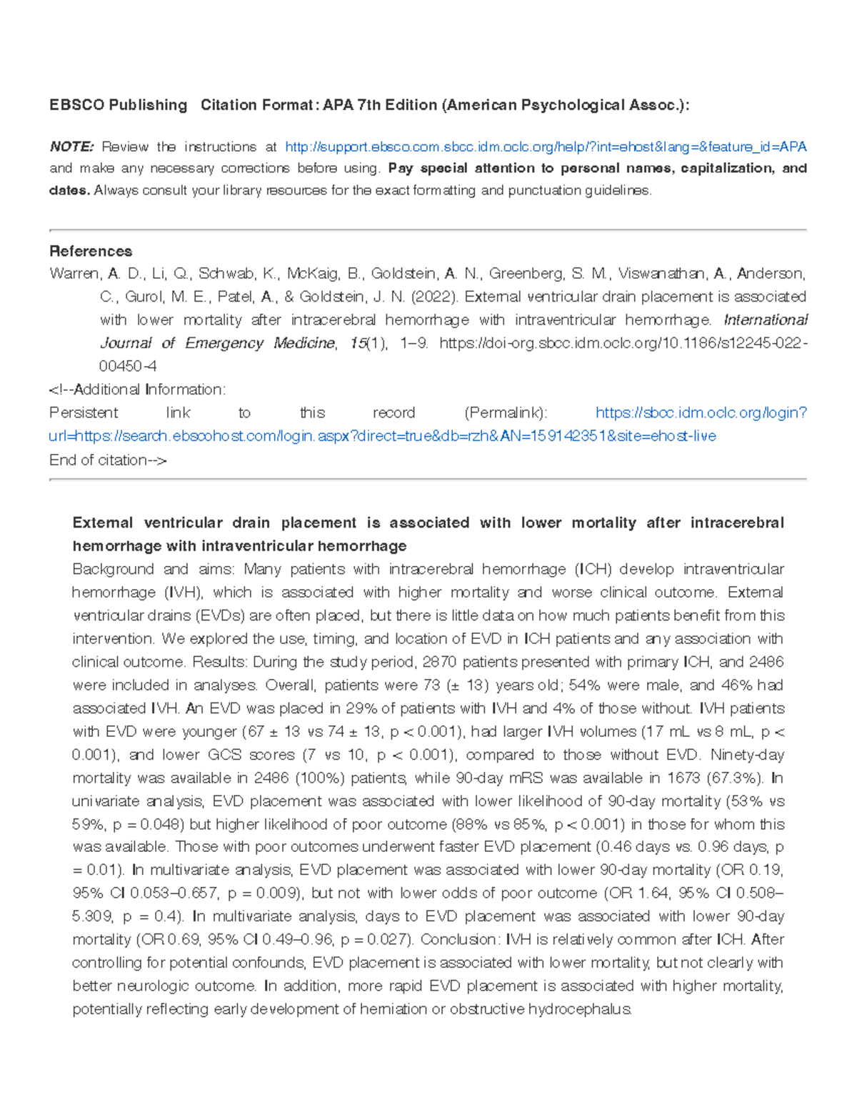EVD Placement Study - ICU paper - EBSCO Publishing Citation Format: APA ...