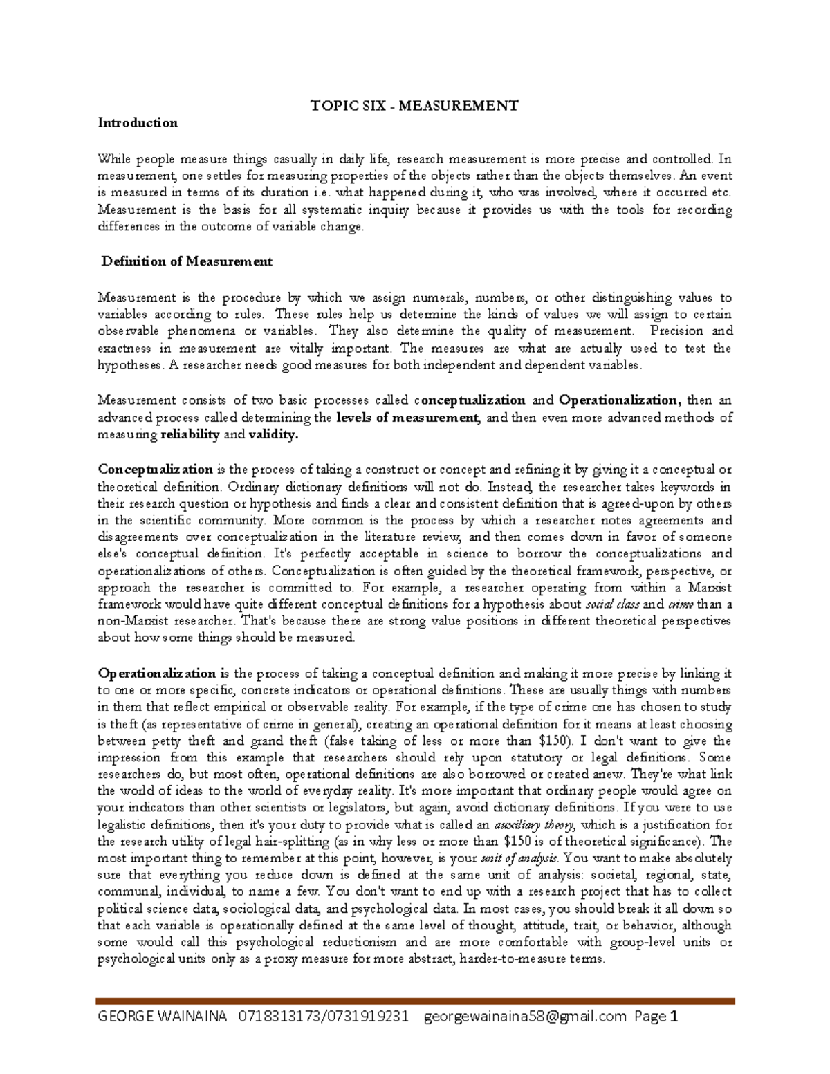Topic 6 - lectures notes - TOPIC SIX - MEASUREMENT Introduction While ...