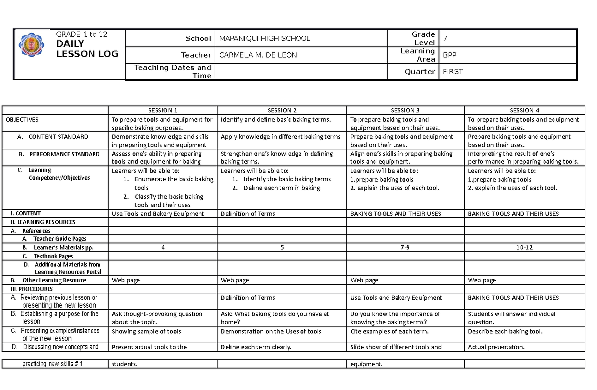 Dll bread and pastry g7 8 GRADE 1 To 12 DAILY LESSON LOG School dll-bread-and-pastry-g7-8-grade-1-to-12-daily-lesson-log-school