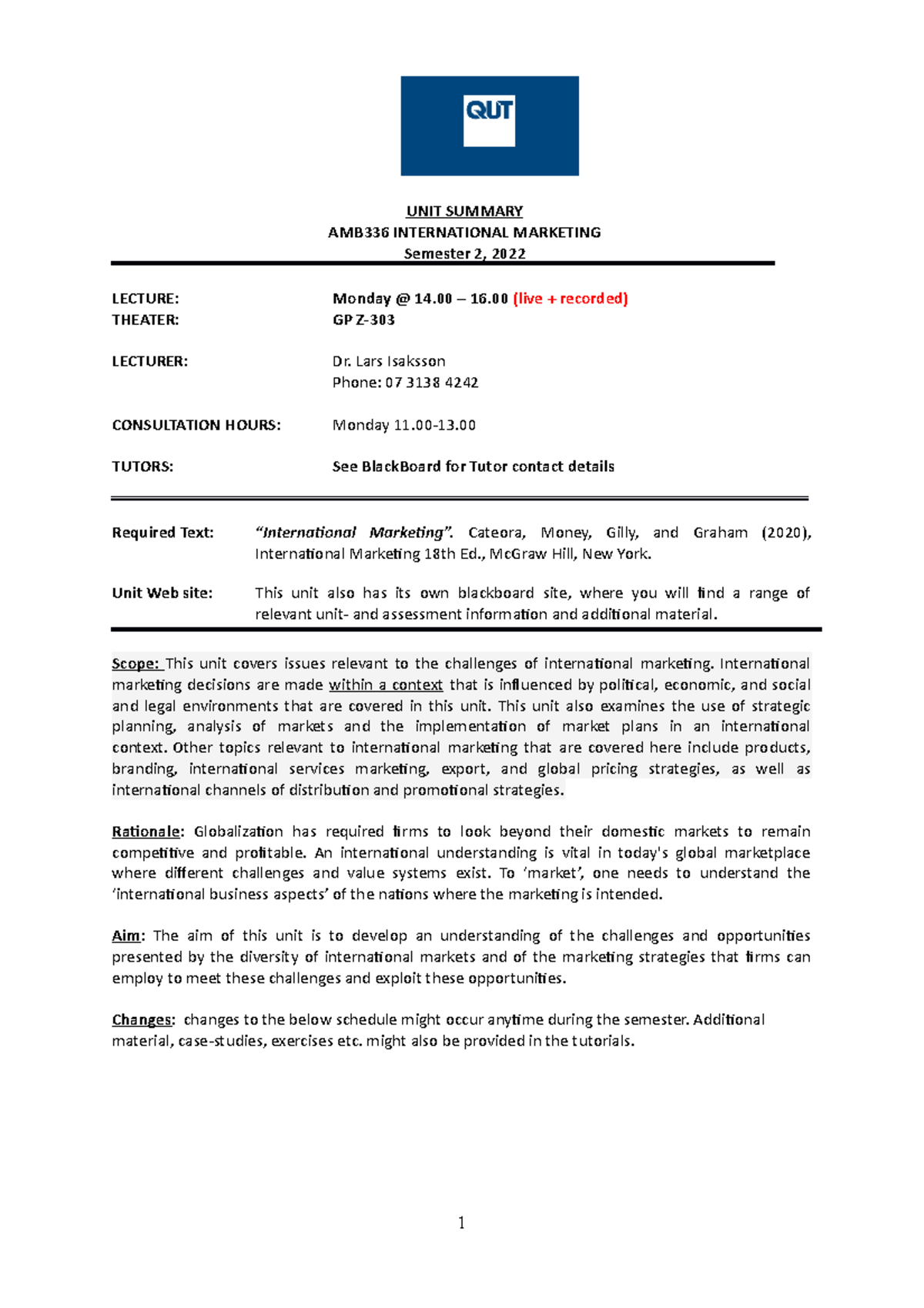 AMB336 Unit Summary SEM 222 v1 - UNIT SUMMARY AMB336 INTERNATIONAL ...