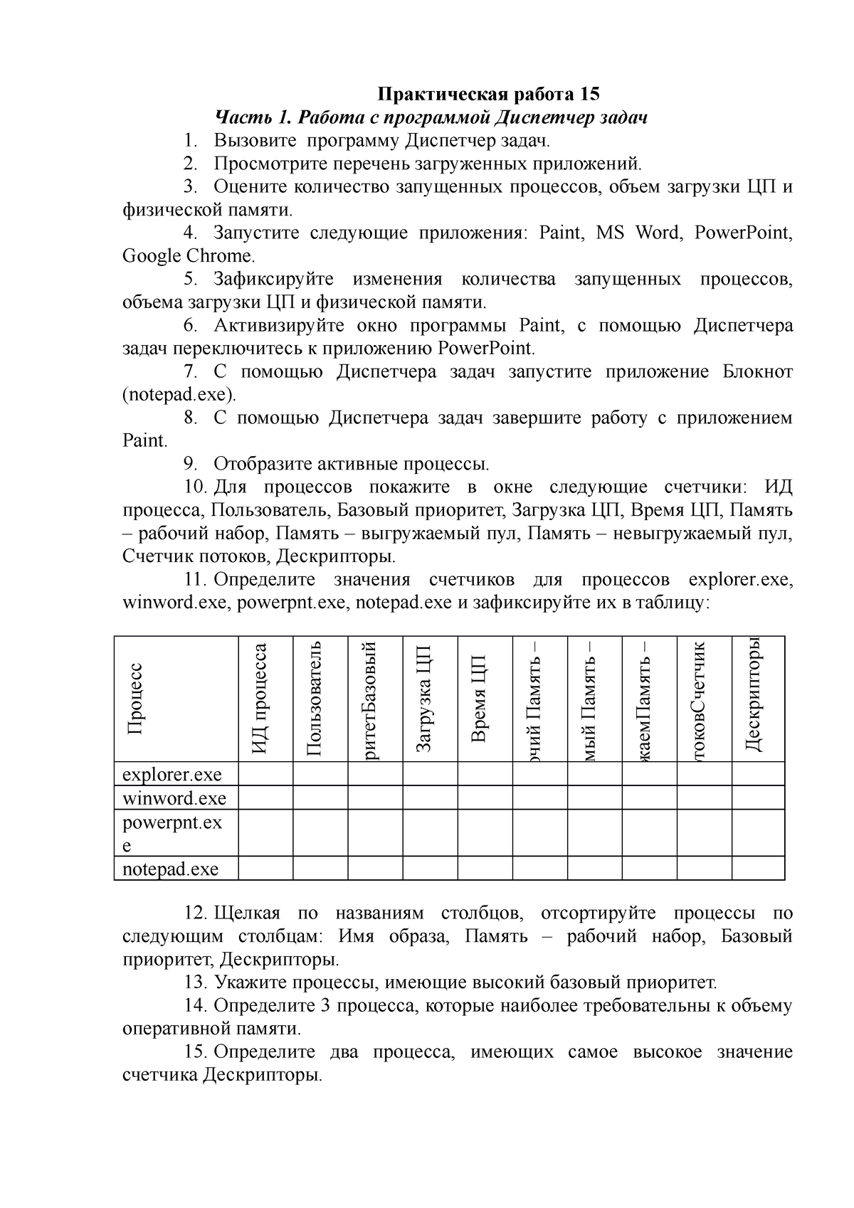 Практическая работа 15 - Часть 1. Работа с программой Диспетчер  задачПрактическая работа 15 Вызовите - Studocu