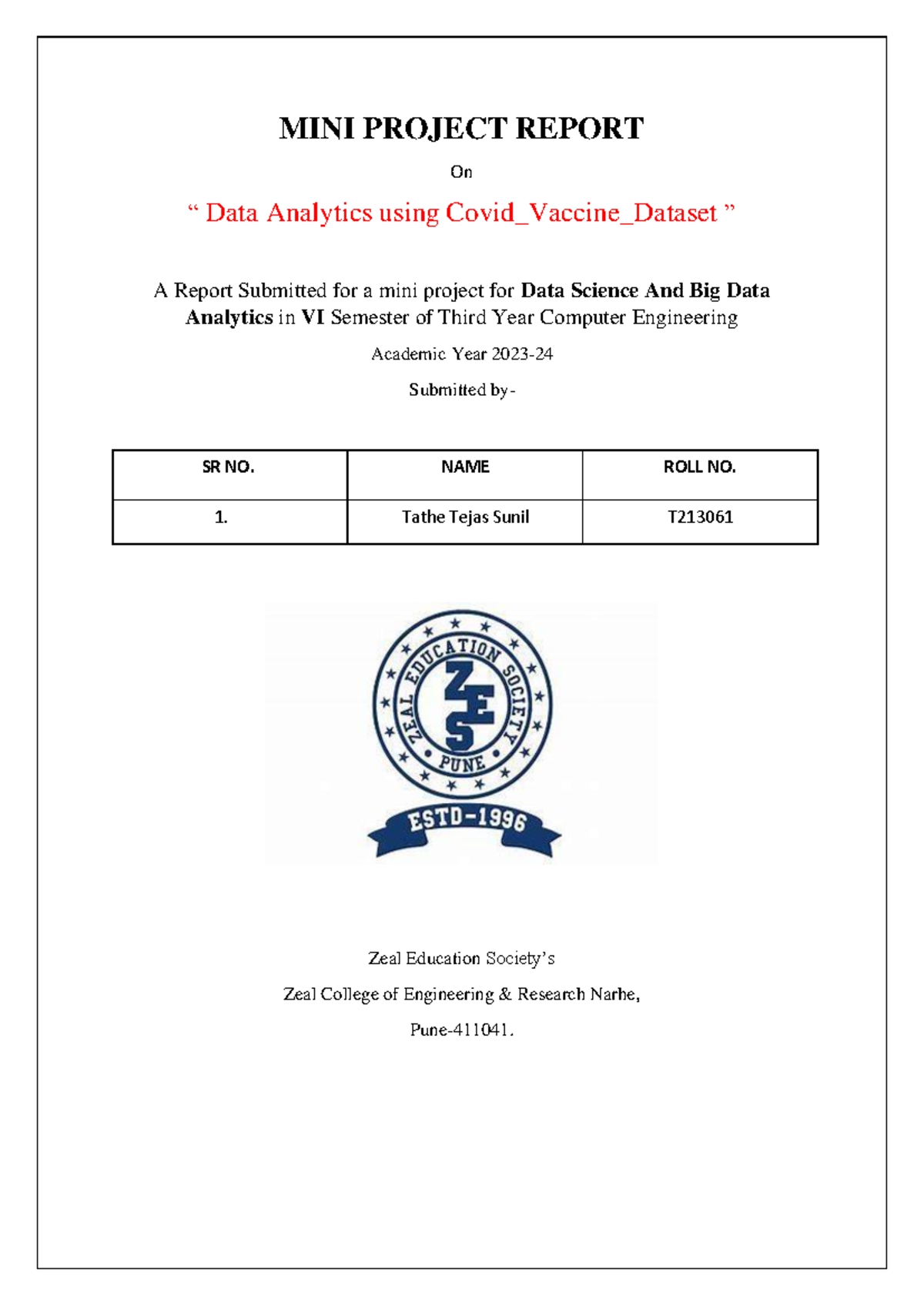 Covid final - MINI PROJECT REPORT On “ Data Analytics using Covid ...