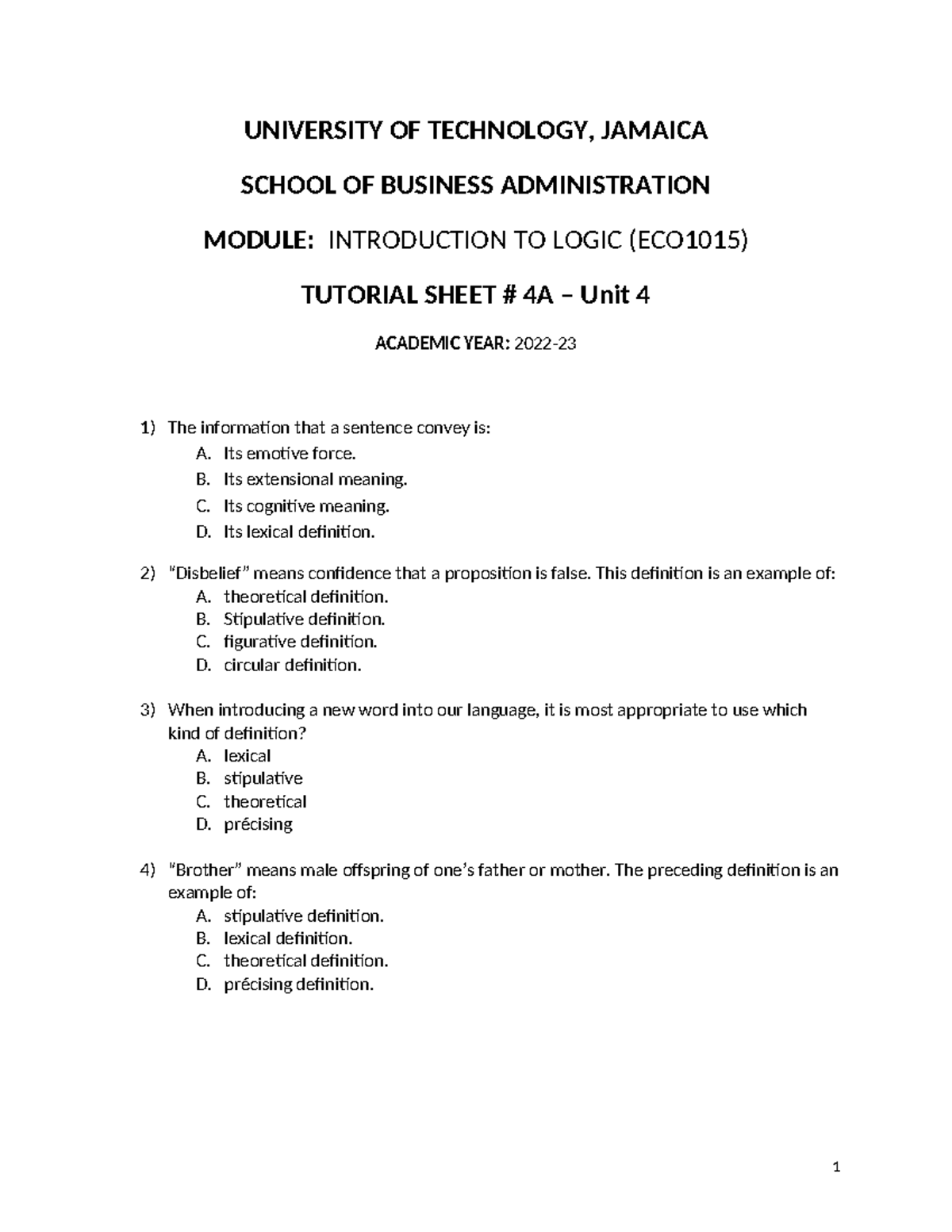 tutorial-sheet-4a-unit-4a-university-of-technology-jamaica-school-of-business