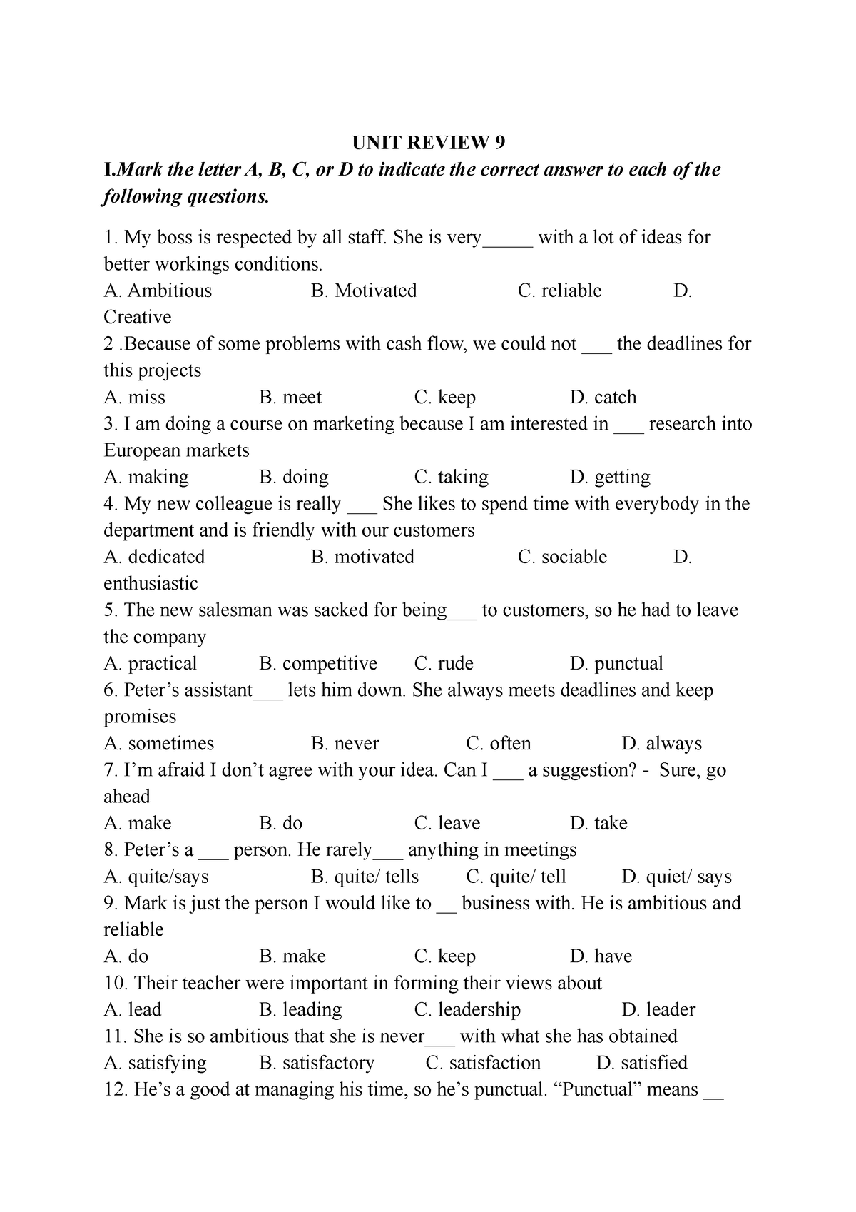 UNIT Review 9 UNIT REVIEW 9 I Mark The Letter A B C Or D To 