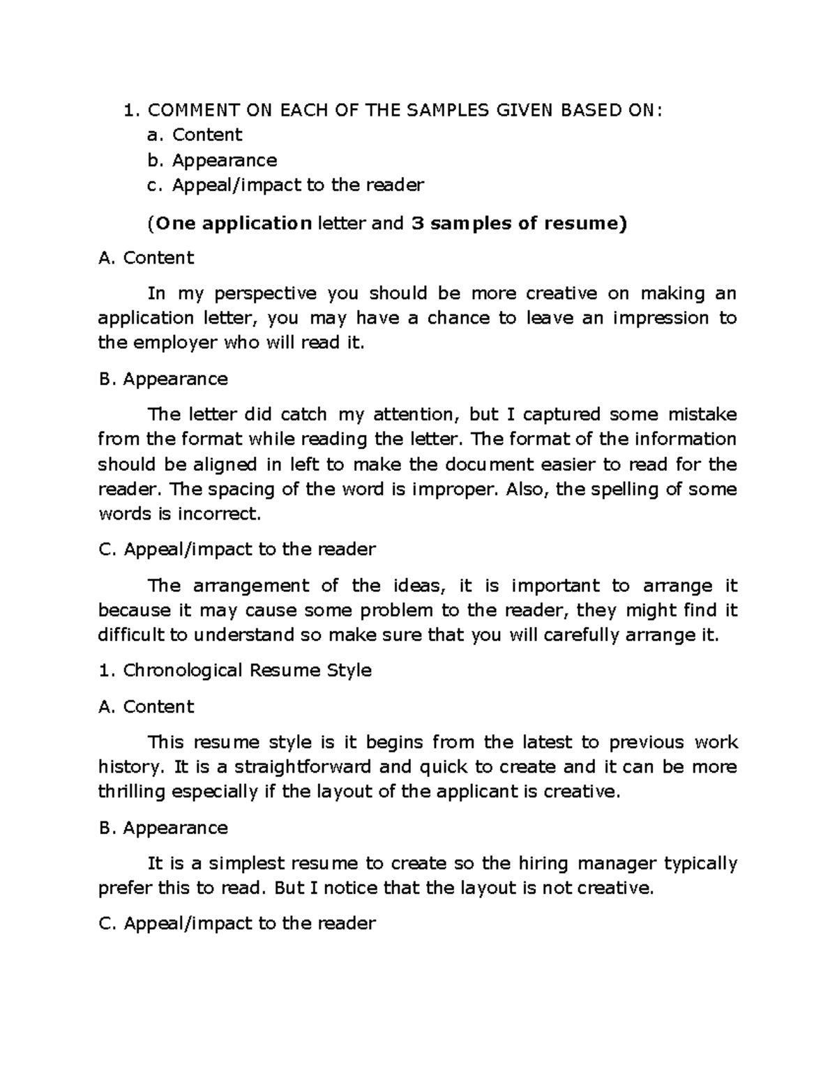 Three samples of resume - 1. COMMENT ON EACH OF THE SAMPLES GIVEN BASED ...