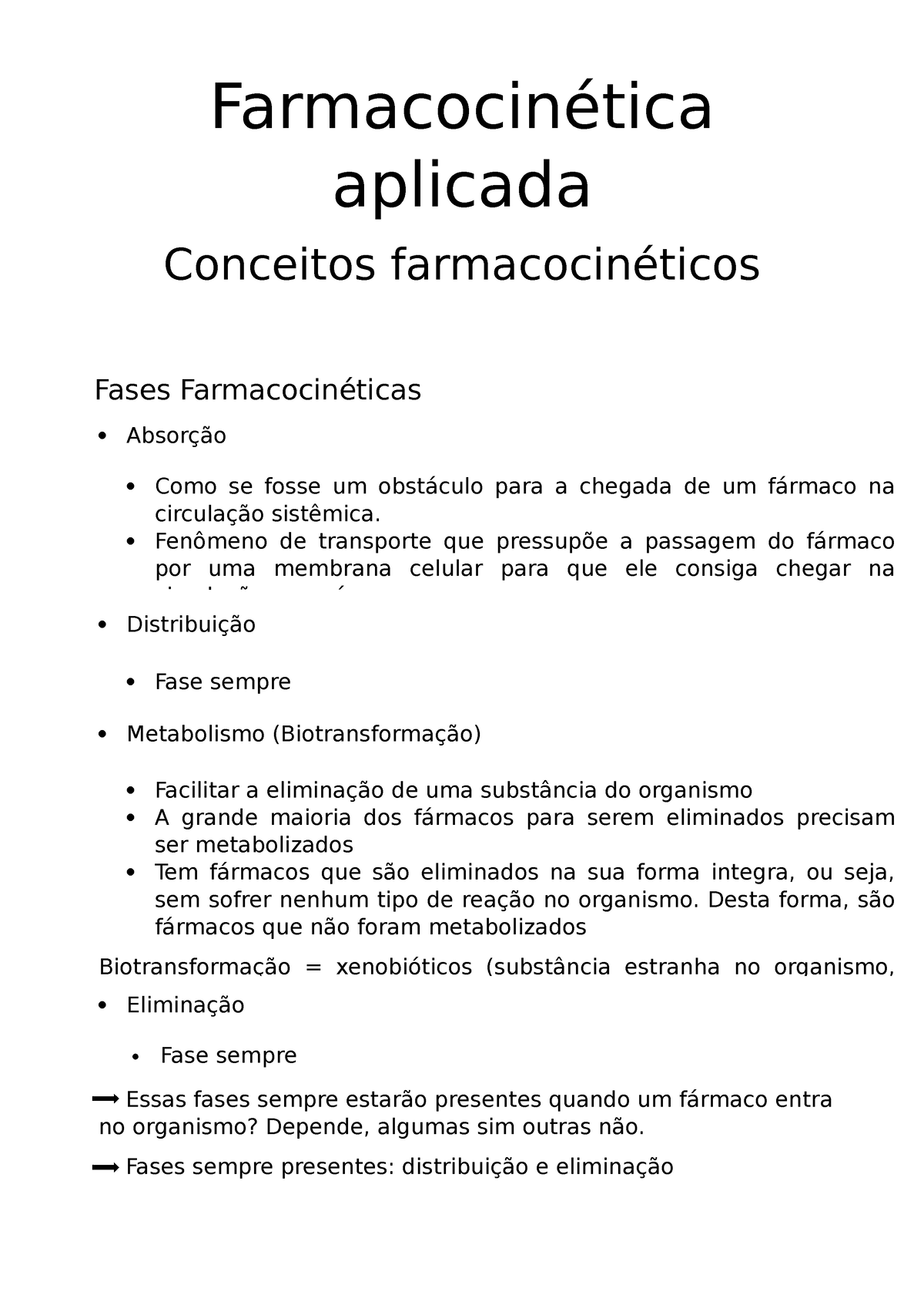 Resumo Conceitos - Farmacocinética Aplicada Conceitos Farmacocinéticos ...