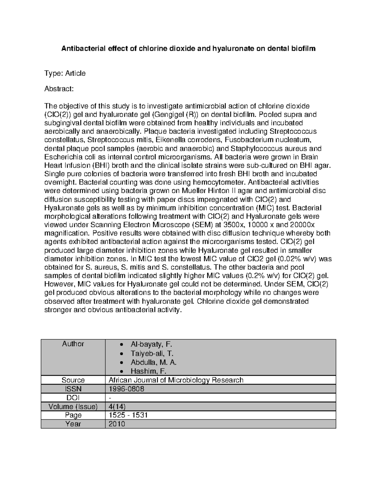 Antibacterial effect of chlorine dioxide 2 Pooled supra and