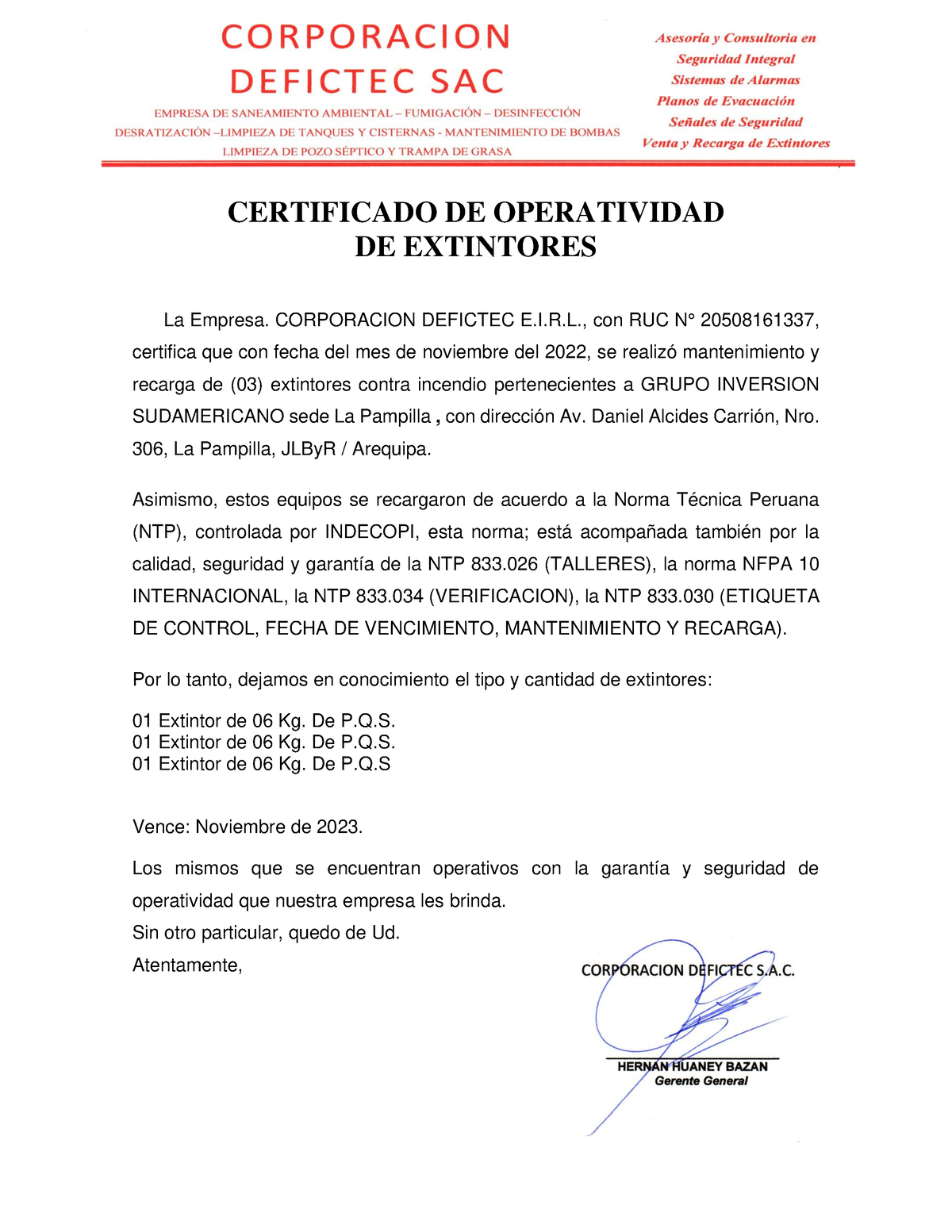 Certificado De Operatividad Extintores Grupo Sudamericano Agencia La