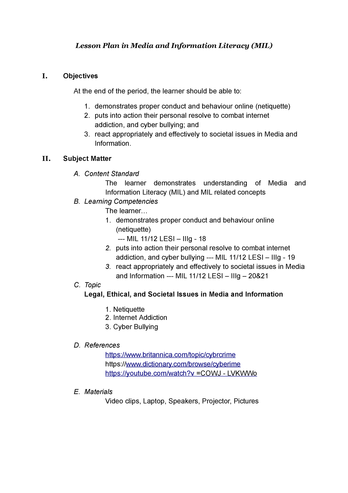 Mil-lesson-plandocx - Jgjj Yjg Hhuj - Lesson Plan In Media And ...