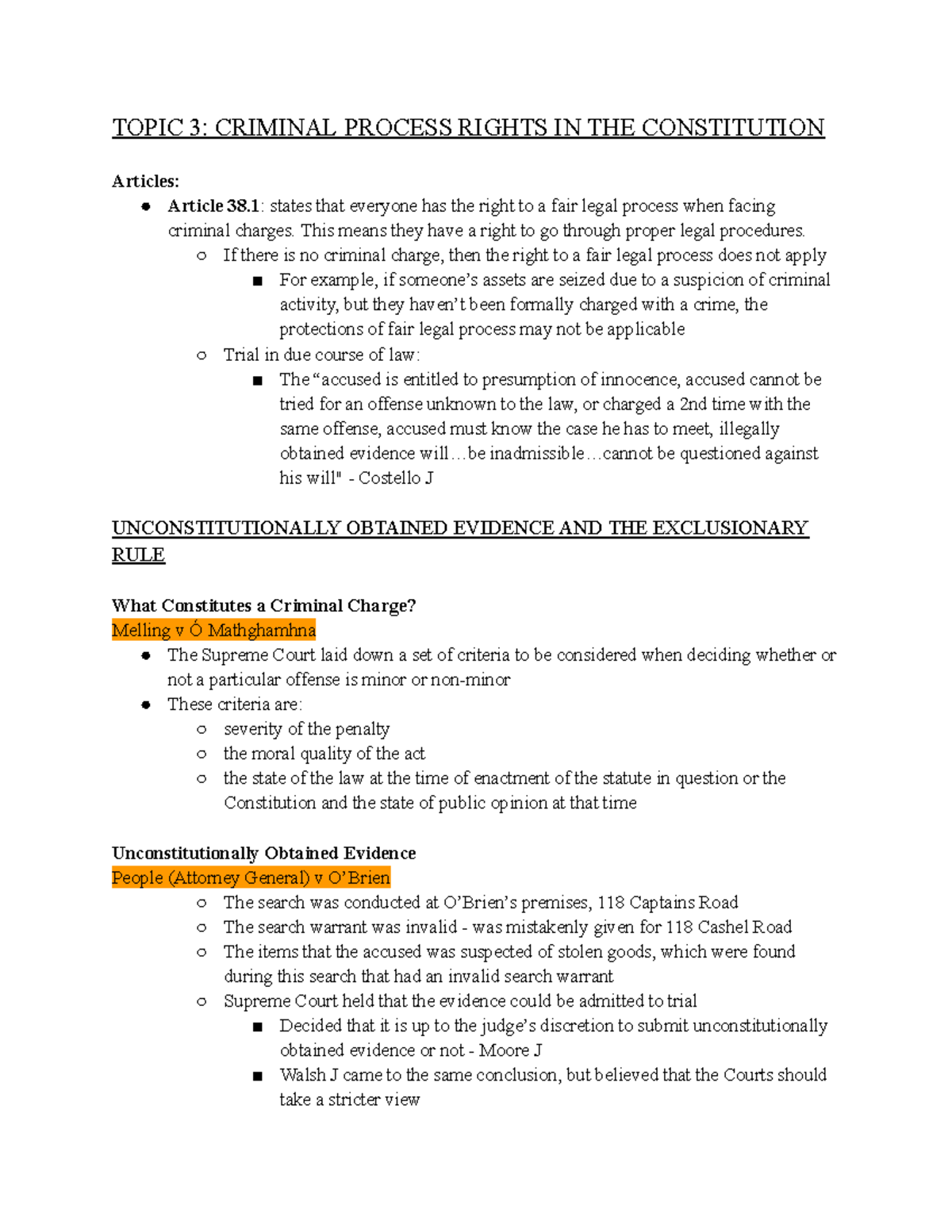 Constitutional law exam notes - TOPIC 3: CRIMINAL PROCESS RIGHTS IN THE ...