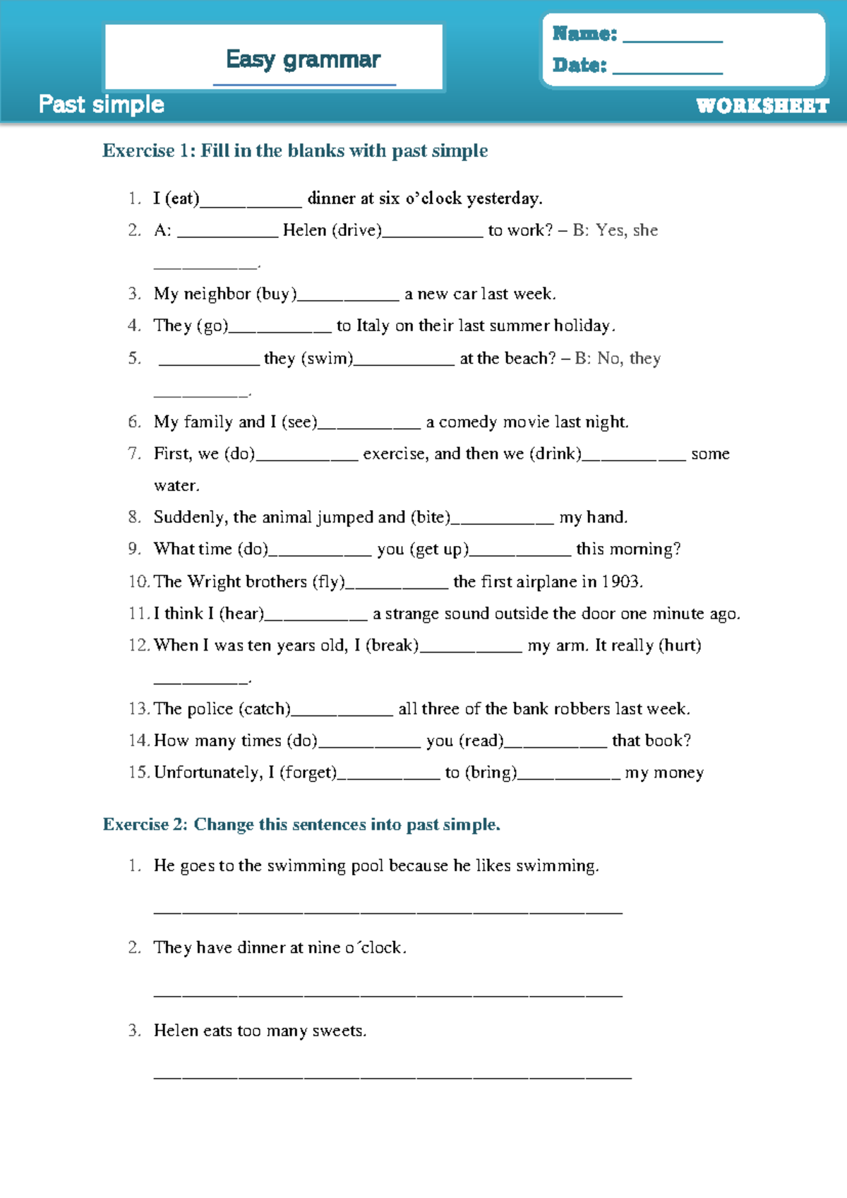 Pastsi 2 past simple worksheet easy grammar name date