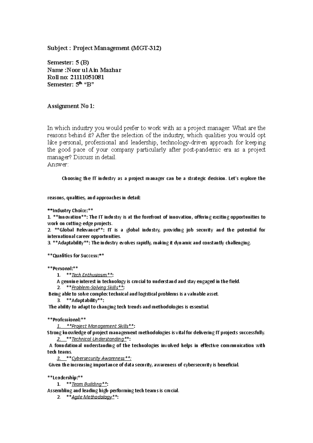 Assignment No. 1 noor - Subject : Project Management (MGT-312) Semester ...