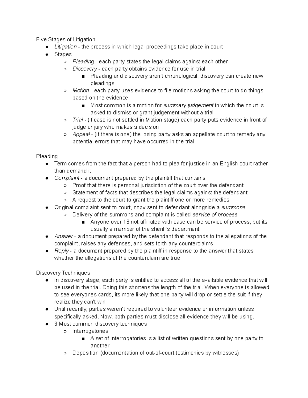 3. Litigation - Lecture notes 3 - Five Stages of Litigation Litigation ...