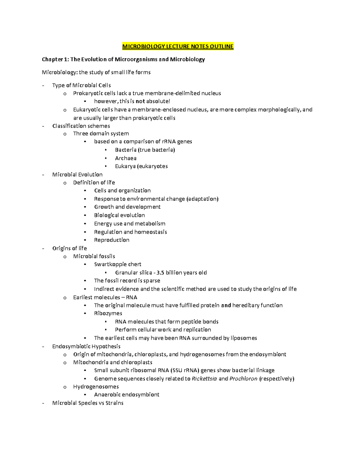 Microbiology Lecture Notes Outline - MICROBIOLOGY LECTURE NOTES OUTLINE ...