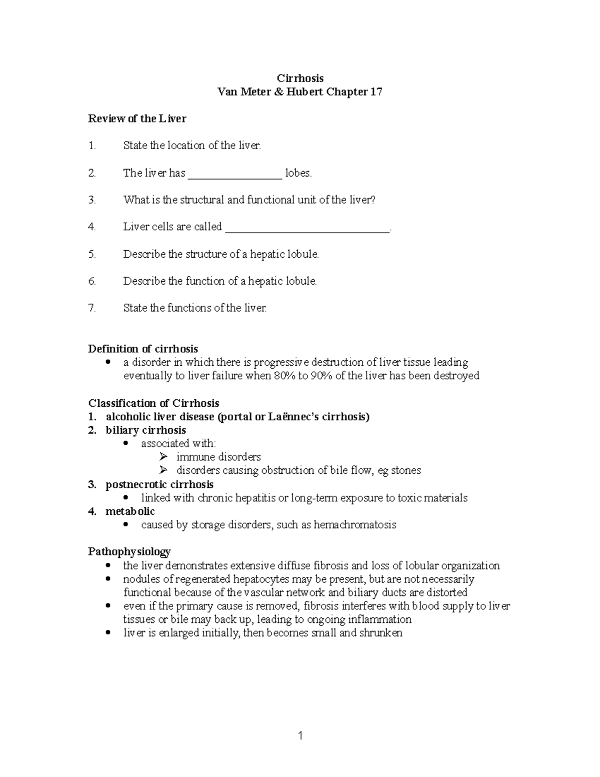 PATH222 Cirrhosis F 14 - lecture notes - Cirrhosis Van Meter Hubert ...