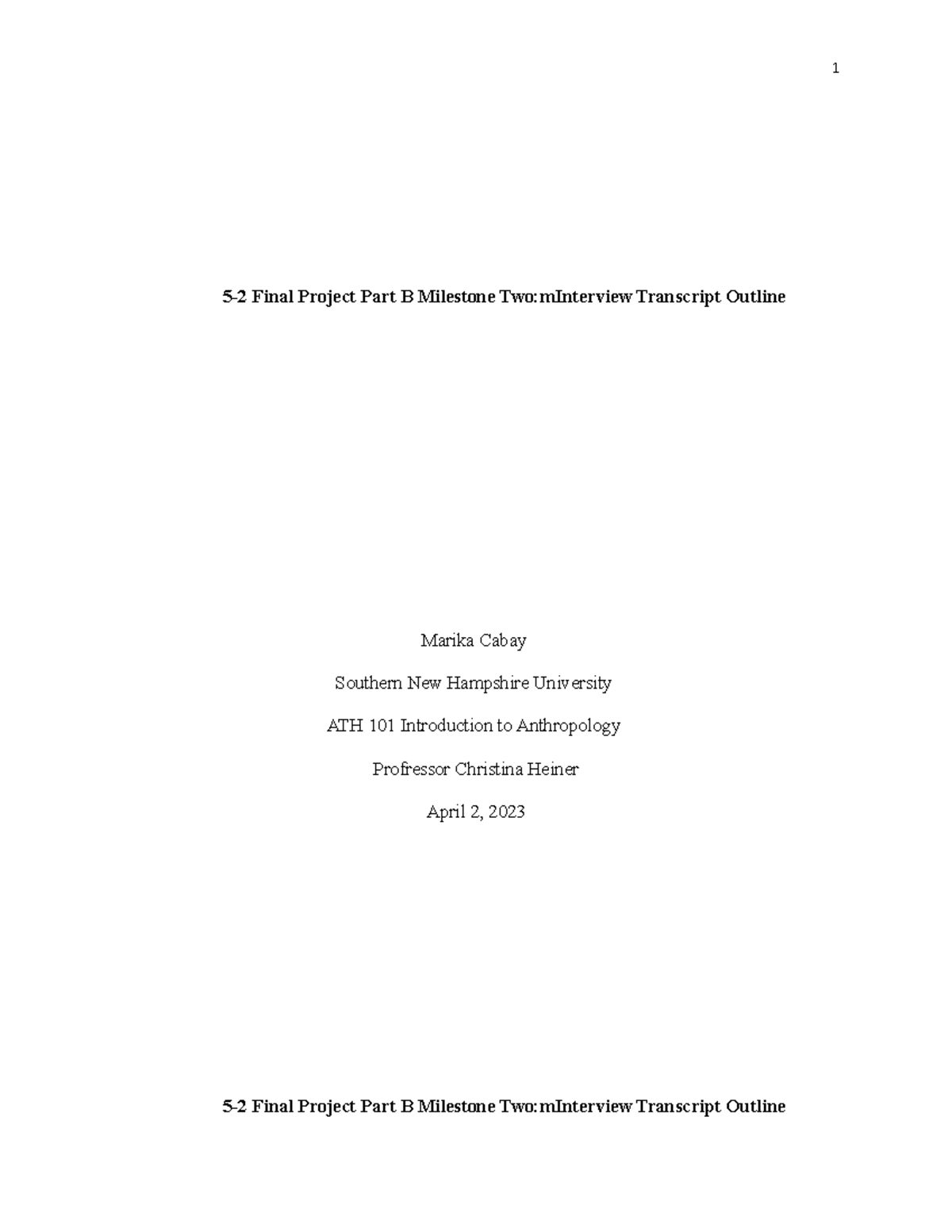 ATH 101 Part B Milestone Two - 5-2 Final Project Part B Milestone Two ...