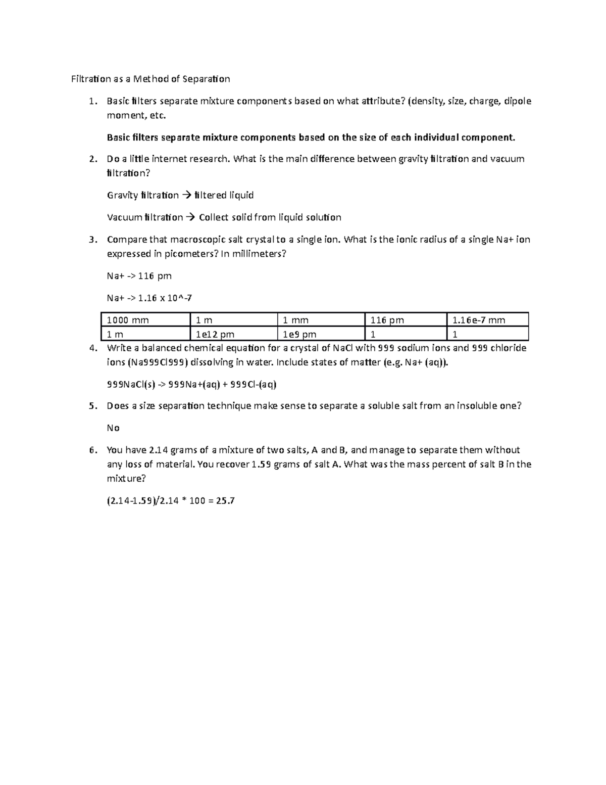 Salt Separation Prelab Answers Filtration as a Method of Separation 1