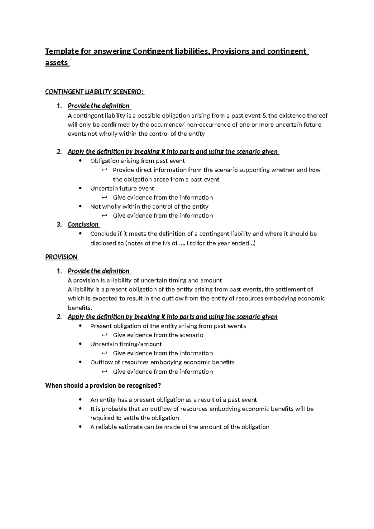 Template for answering Contingent liabilities - Provide the definition ...