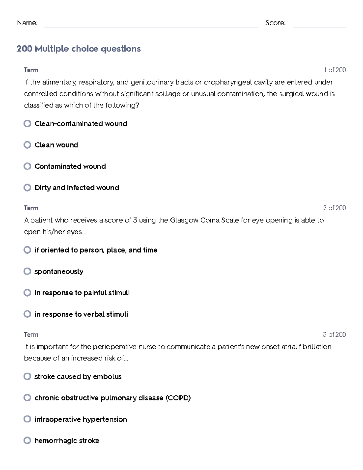 CNOR 200 Question Practice Name Score 200 Multiple choice questions Term If the alimentary