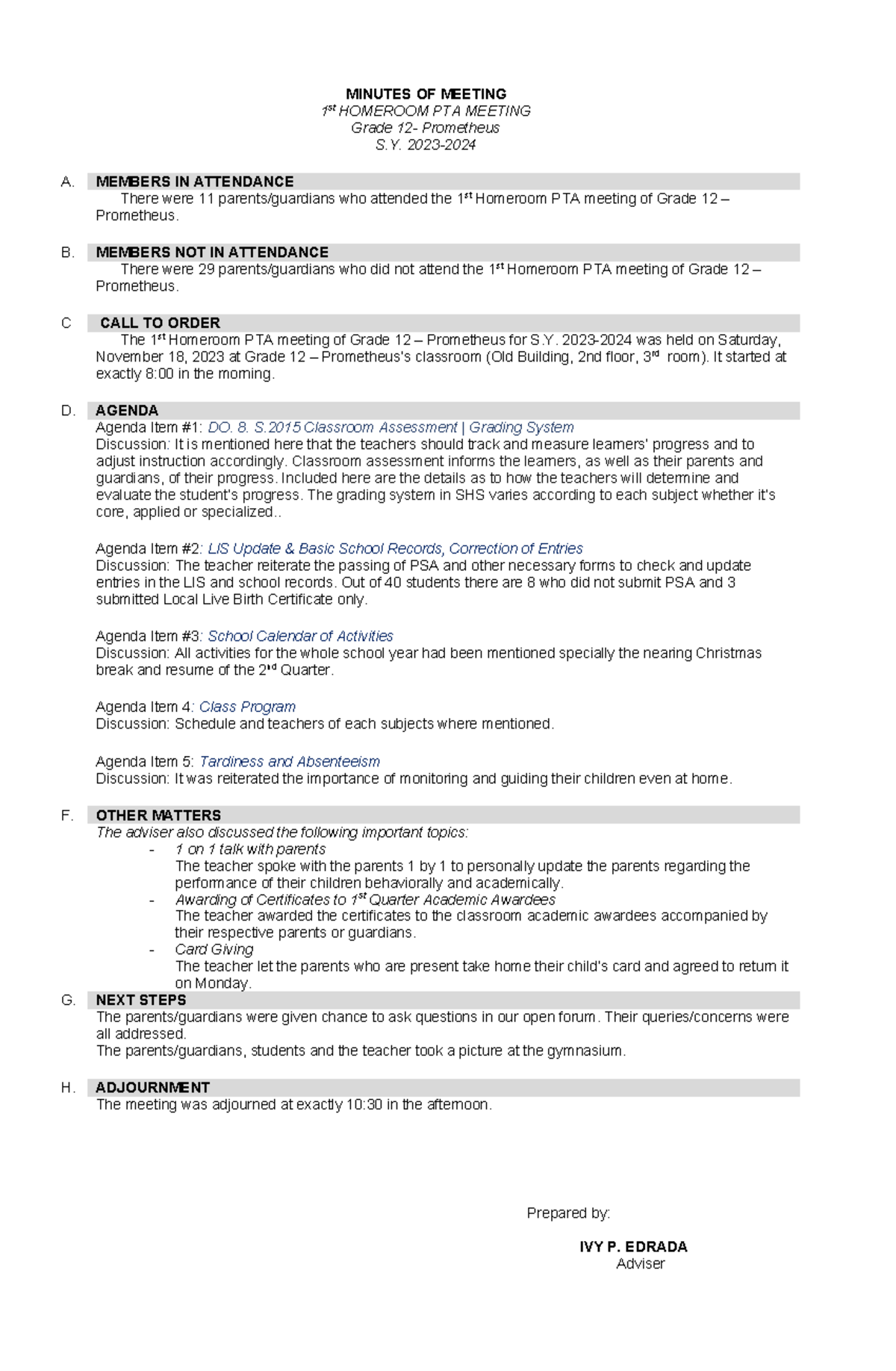 Pta minutes - sample pta template - MINUTES OF MEETING 1 st HOMEROOM ...