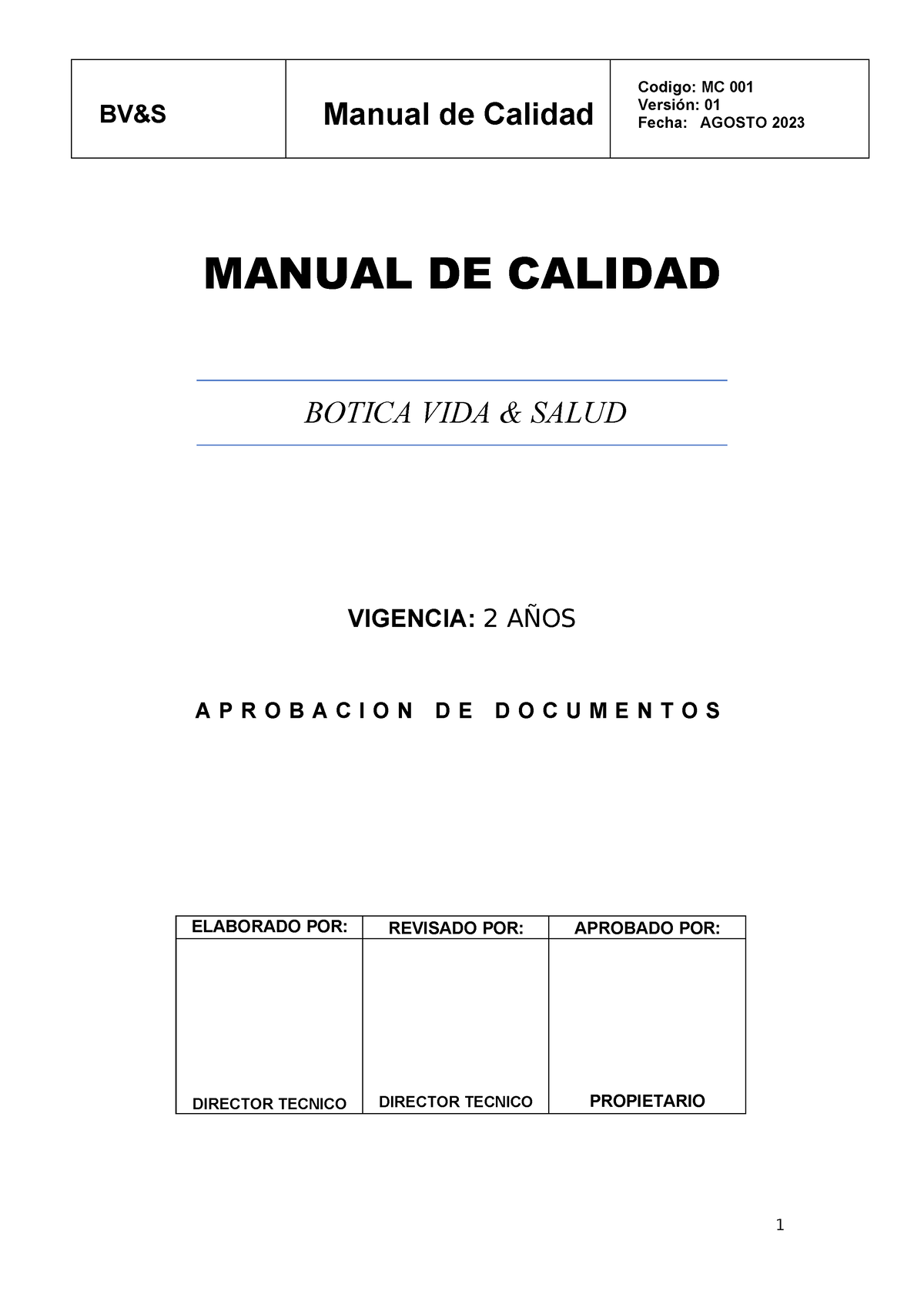 Manual DE Calidad - Documentos - BV&S Manual De Calidad Versión: 01 ...