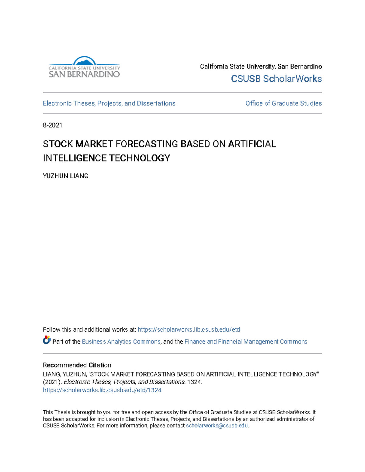 Stock Market Forecasting Based On Artificial Intelligence Techno 