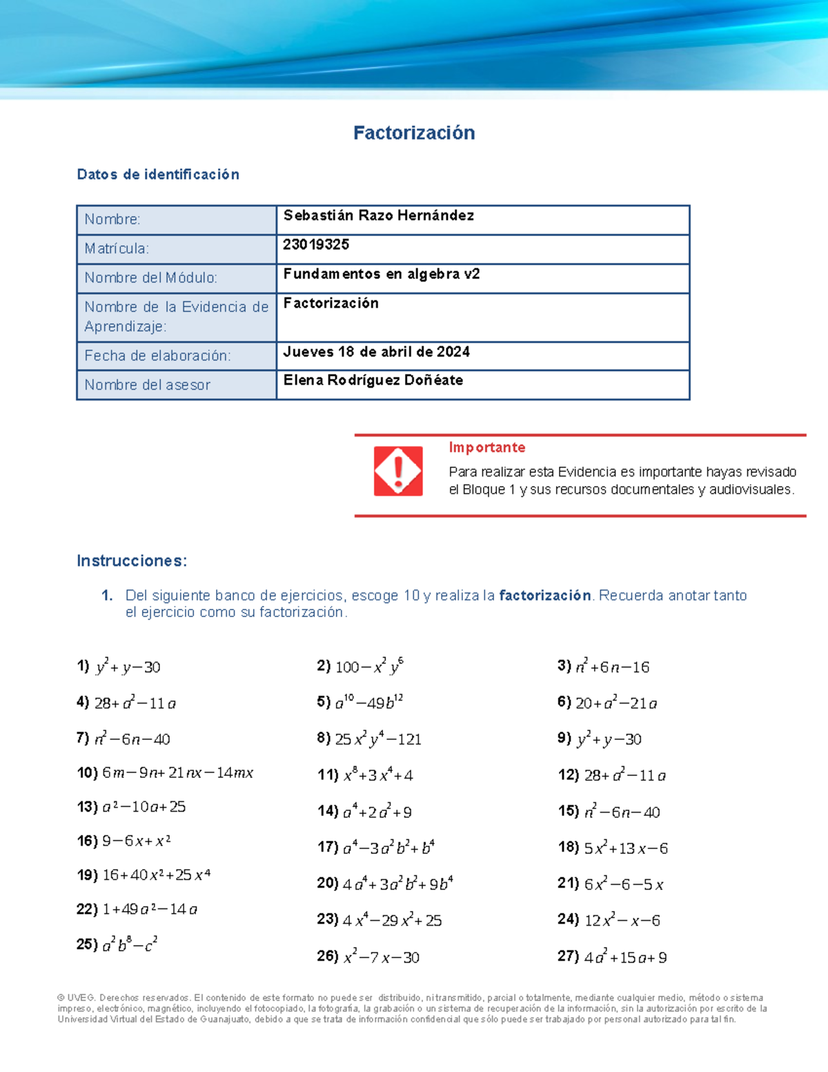 ejercicios de factorización - Factorización Datos de identificación ...