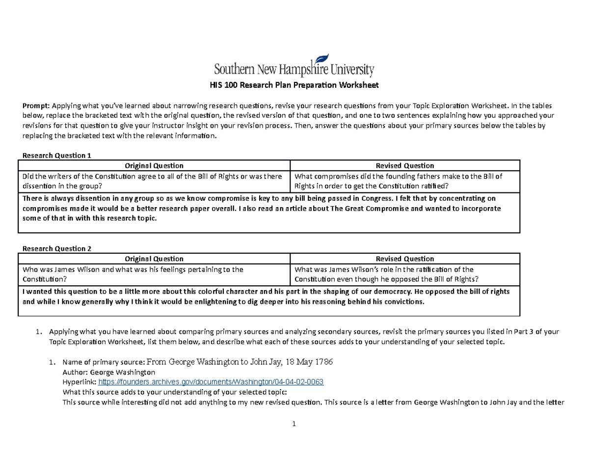 HIS 100 Research Plan Preparation Worksheet - HIS 100 Research Plan ...