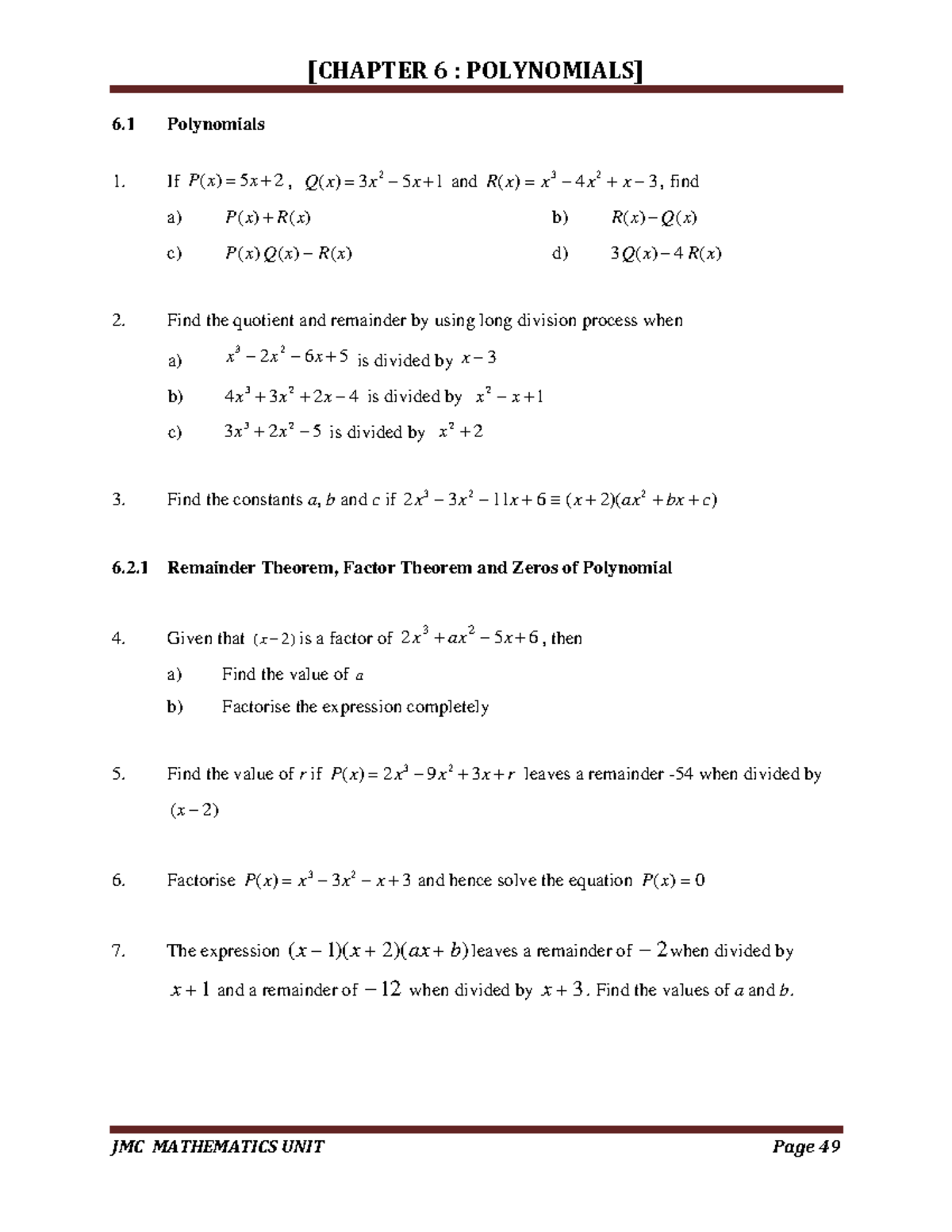 AM015 2021/2022 Chapter 6 - 6 Polynomials If xxP += 25)( , 2 xxxQ +− ...