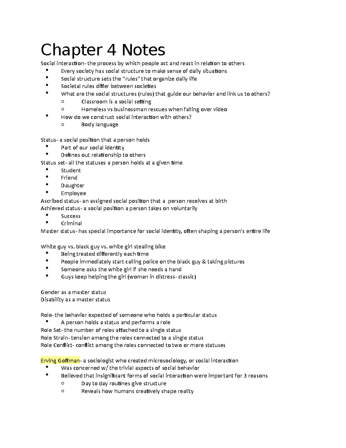 Chapter 4 notes - Chapter 4 Notes Social the process which people act ...
