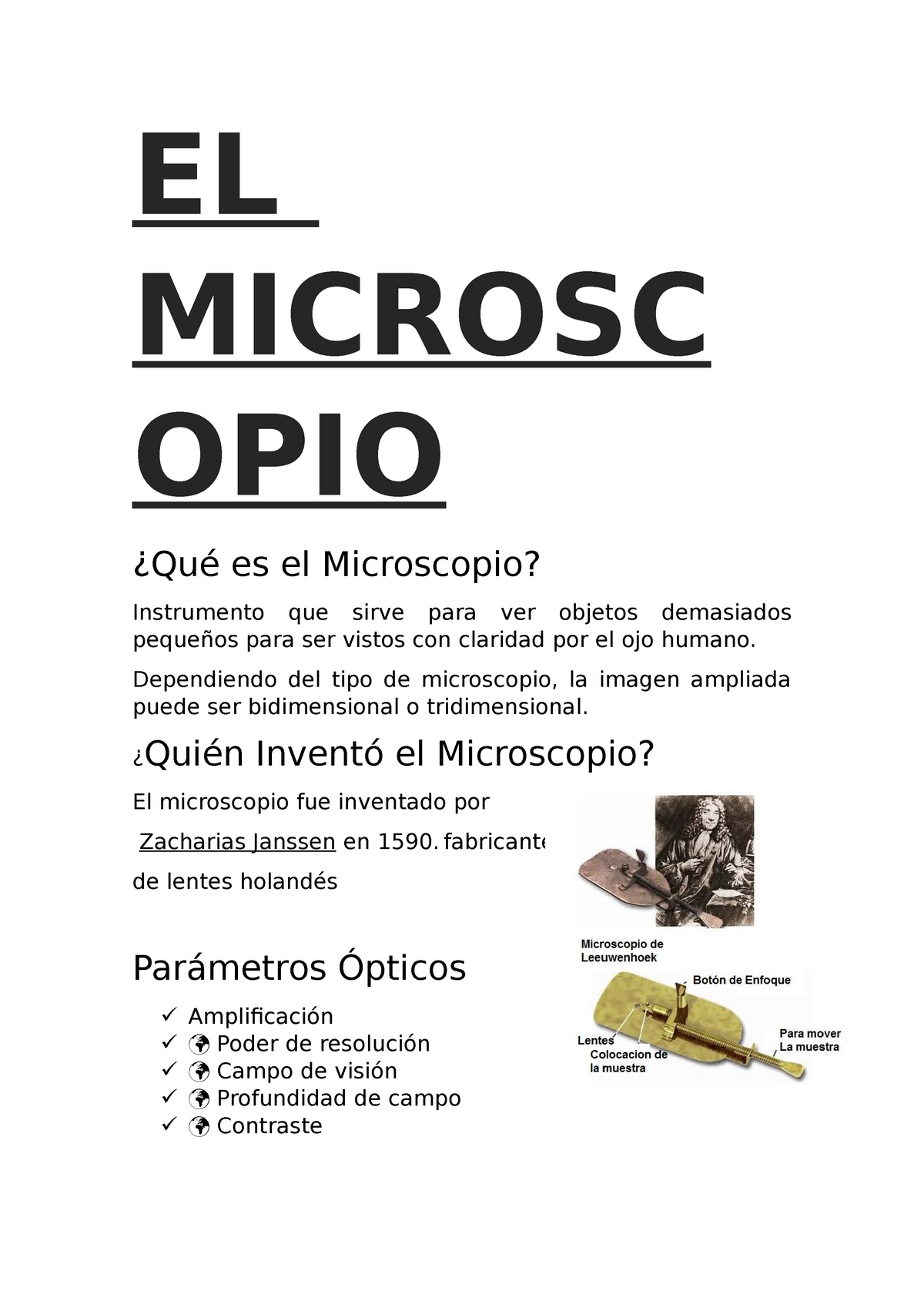 financiero dinero frágil EL Microscopio - Apuntes 5 - EL MICROSC OPIO ¿Qué es el Microscopio?  Instrumento que sirve para ver - Studocu