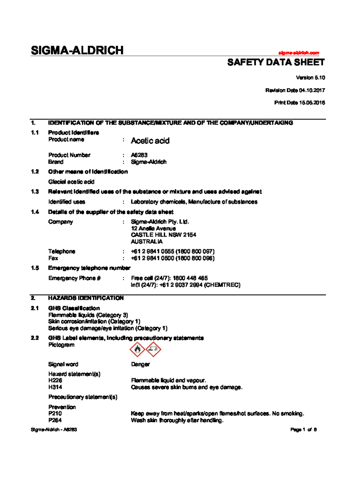 Acetic acid SDS - risk assessments form - ! - Studocu