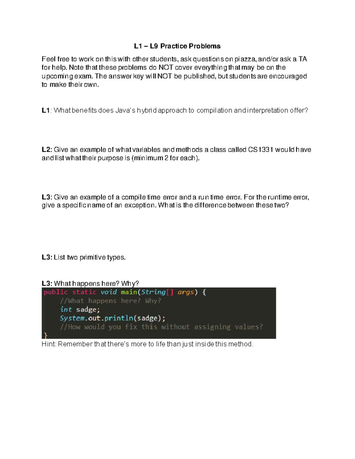 Exam+1+Practice+Problems - L1 – L9 Practice Problems Feel free to work ...