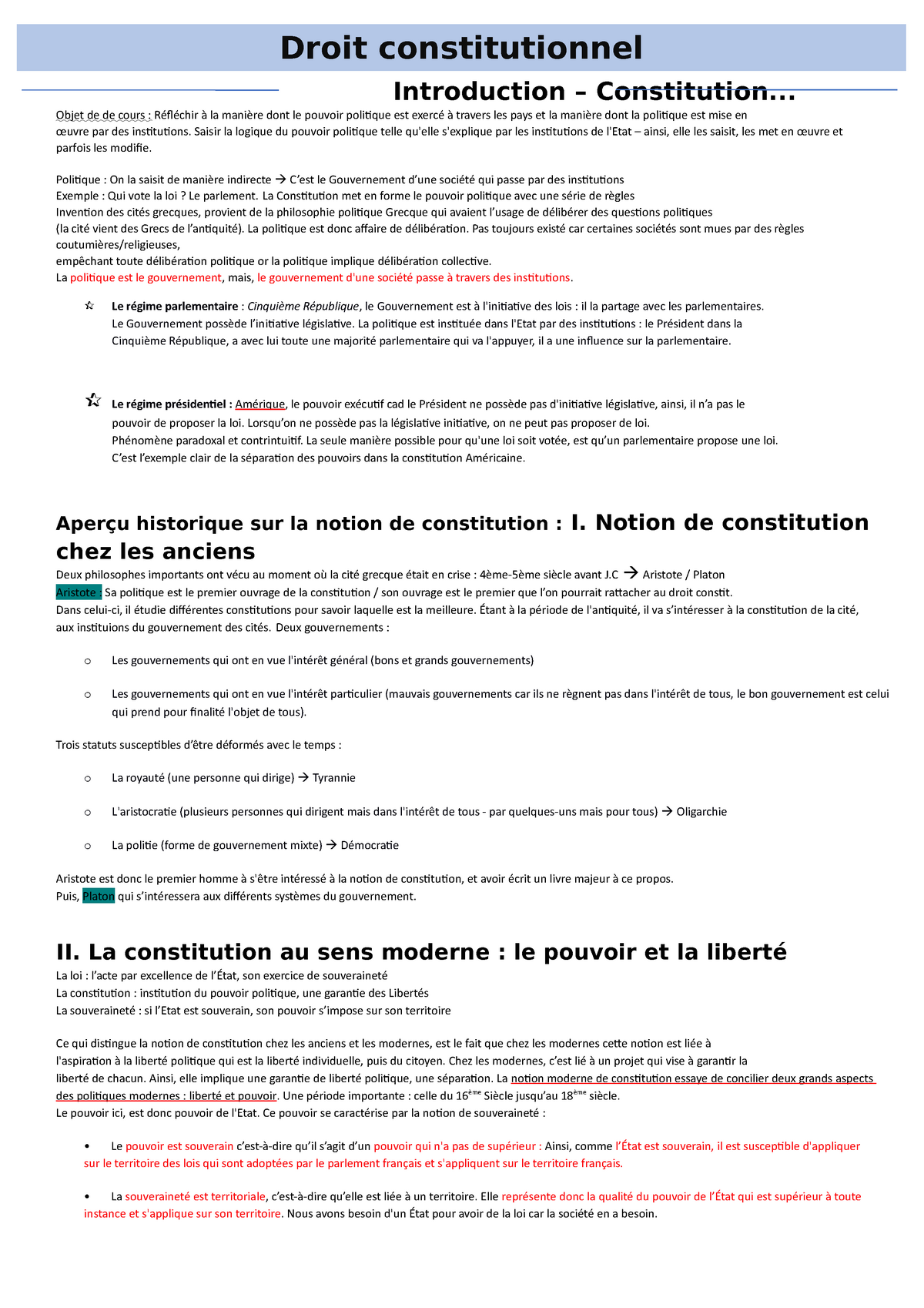 Fiche revision constitution droit constitutionnel L1  Université Paris