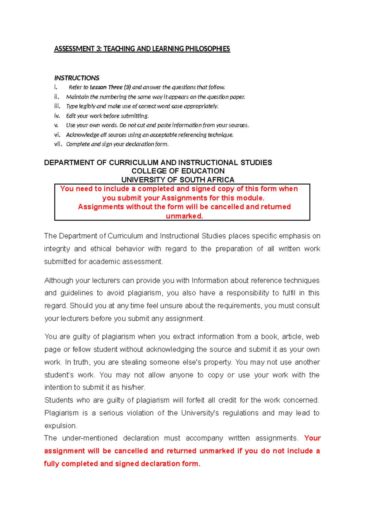 Updated assignment 3 2024 - ASSESSMENT 3: TEACHING AND LEARNING ...