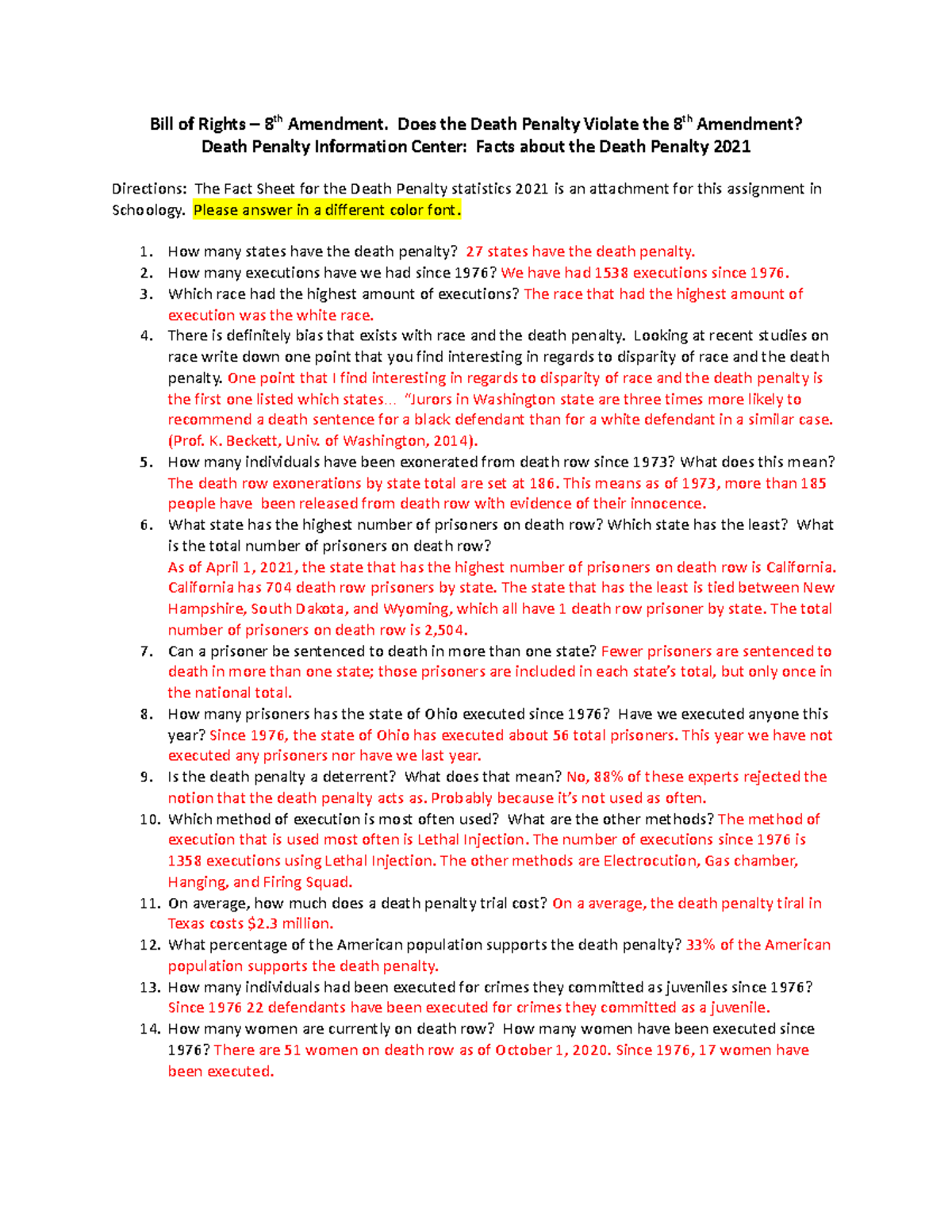 Death Penalty Fact Sheet Questions 14141266 Bill of Rights