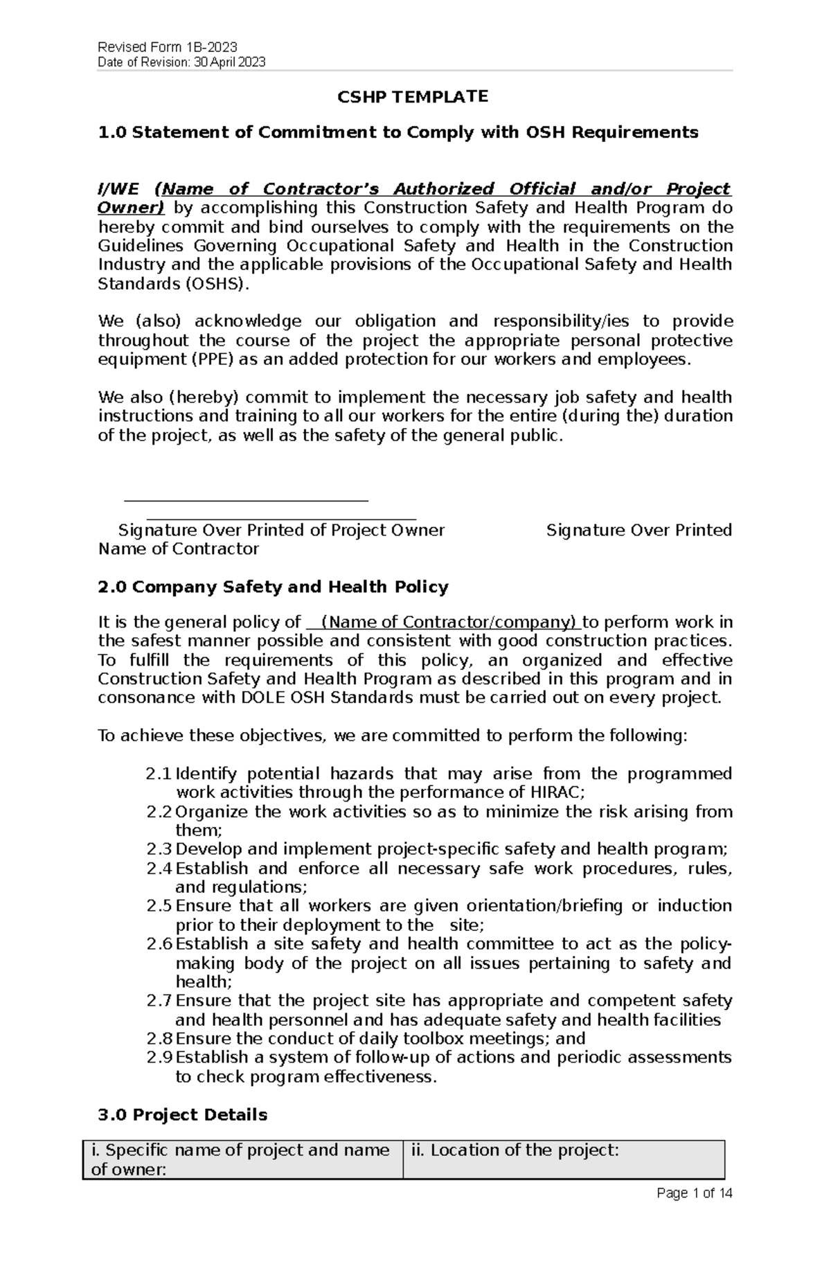 Form1B Updated CSHP Template 2 - Date of Revision: 30 April 2023 CSHP ...