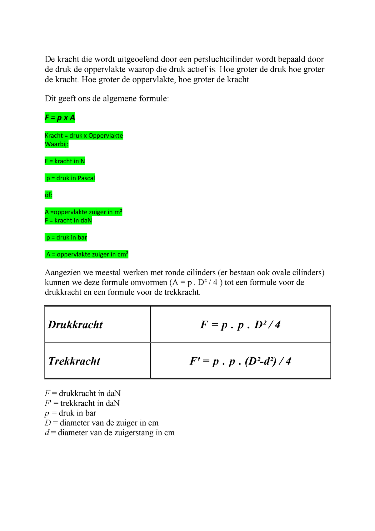 Cilinder Kracht Pneumatische Berekeningen De Kracht Die Wordt Uitgeoefend Door Een Persluchtcilinder Wordt Bepaald Door De Druk De Oppervlakte Waarop Die Studeersnel