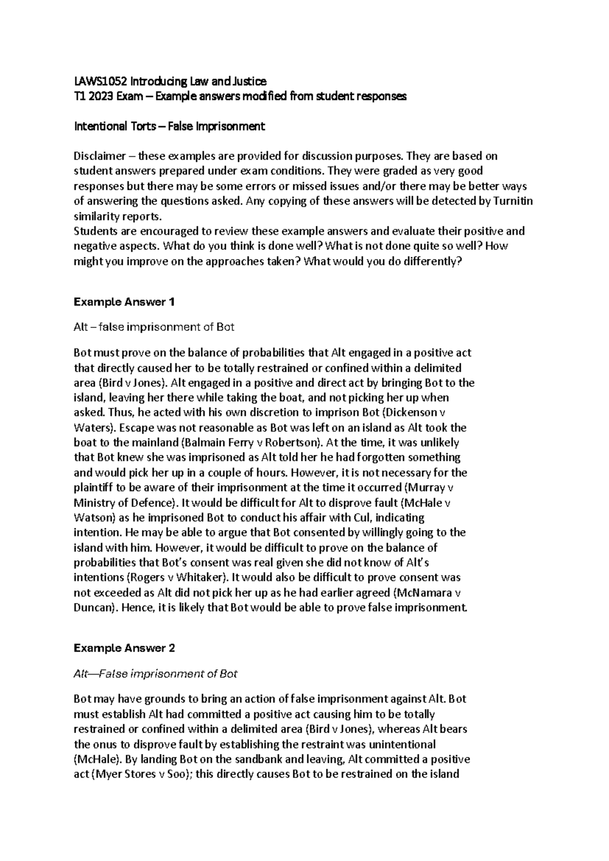 LAWS1052 - T1 2023 Final Exam Sample Answers - LAWS1052 Introducing Law ...