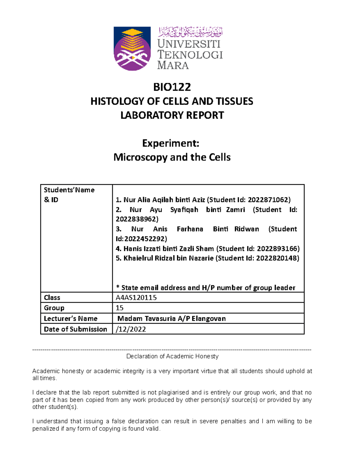 BIO122 Lab Report Done - Kkkkkk - BIO HISTOLOGY OF CELLS AND TISSUES ...