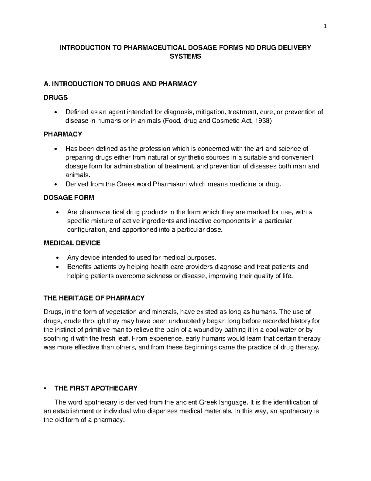 Dosage forms 1st week - Lecture notes 1 - INTRODUCTION TO ...