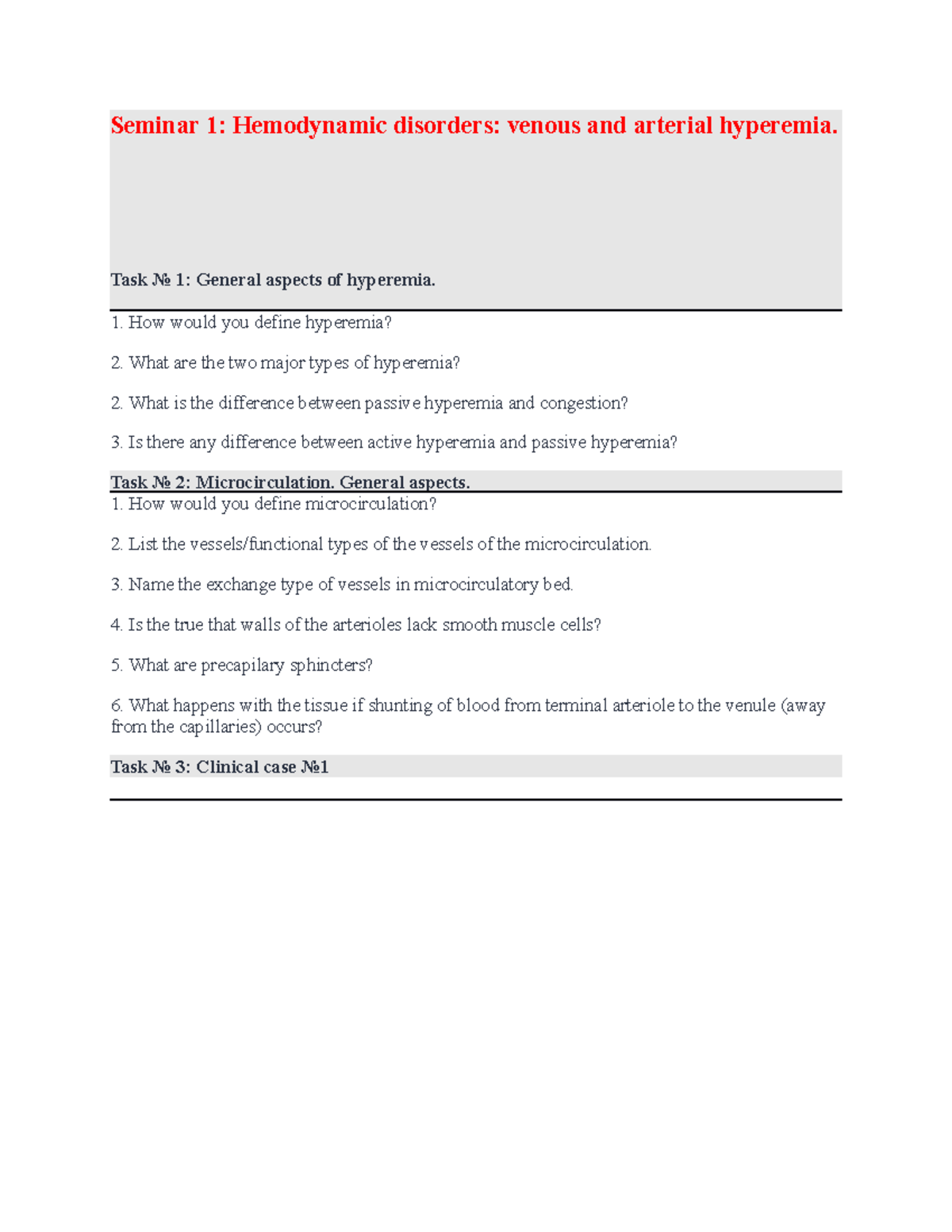 S1. Worksheet homework Seminar 1 Hemodynamic disorders venous and