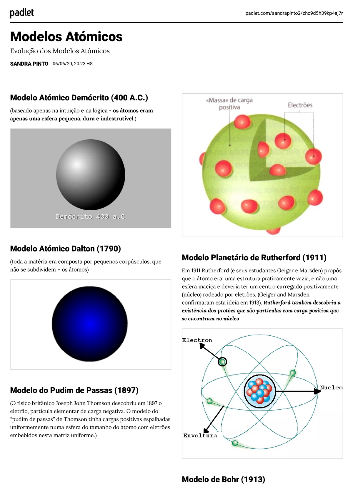 Modelos Atómicos - Evolução dos Modelos Atómicos -  padlet/sandrapinto2/zhc9d5h39kp4aj7r Modelos - Studocu