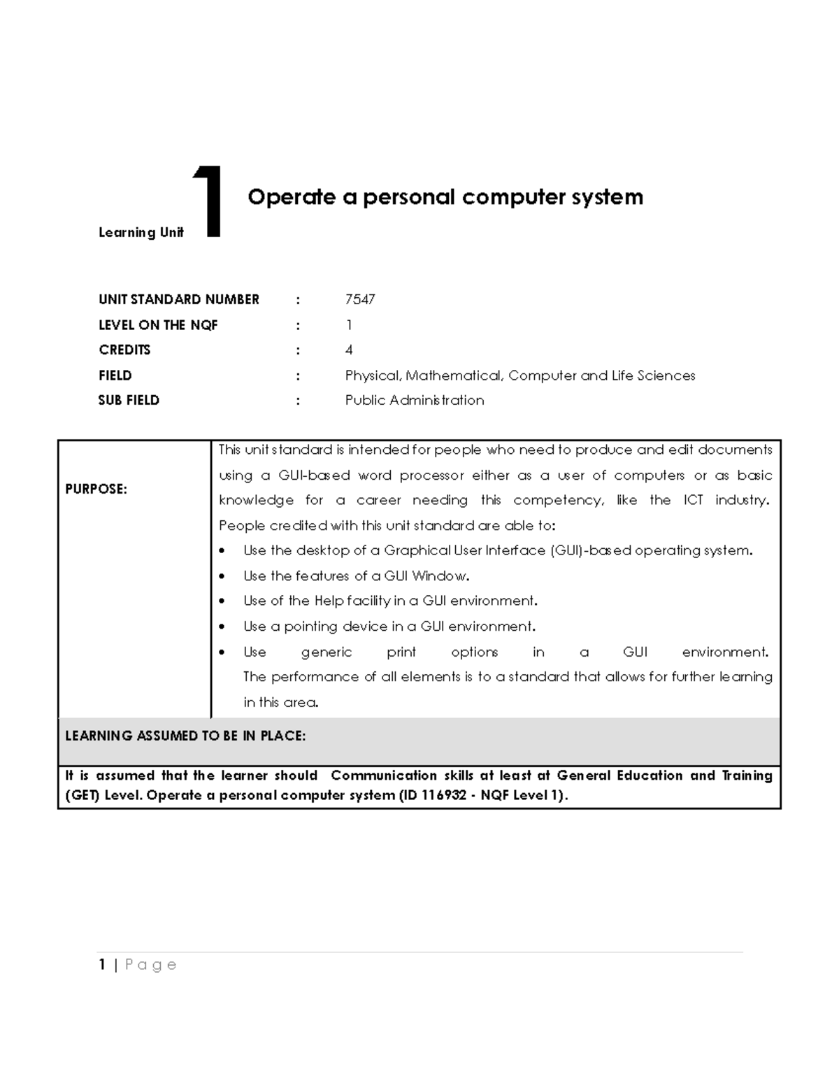 Operate a personal computer system - Learning Unit 1 UNIT STANDARD ...