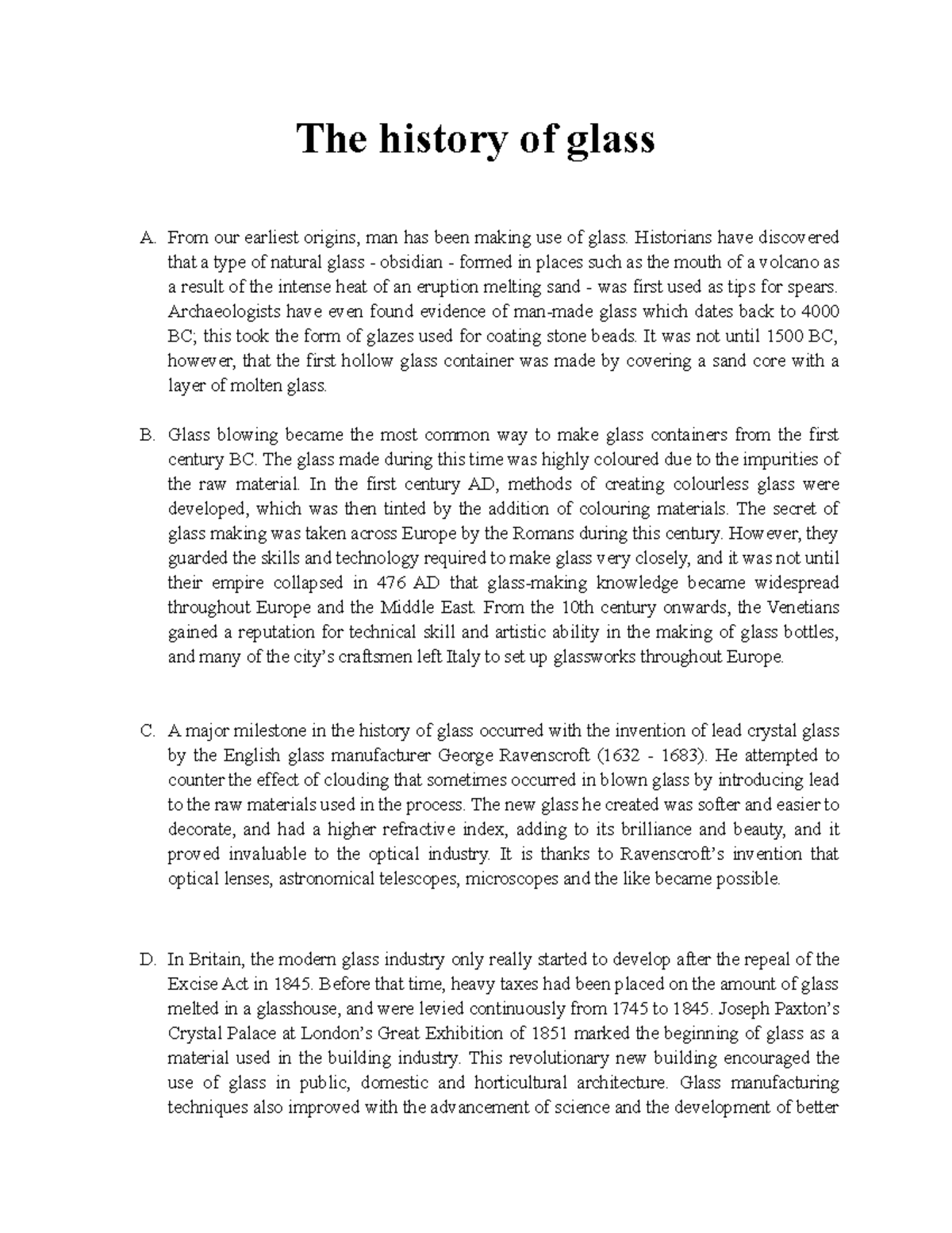 TEST 8 PASS 1 THE History OF Glass The history of glass A. From our
