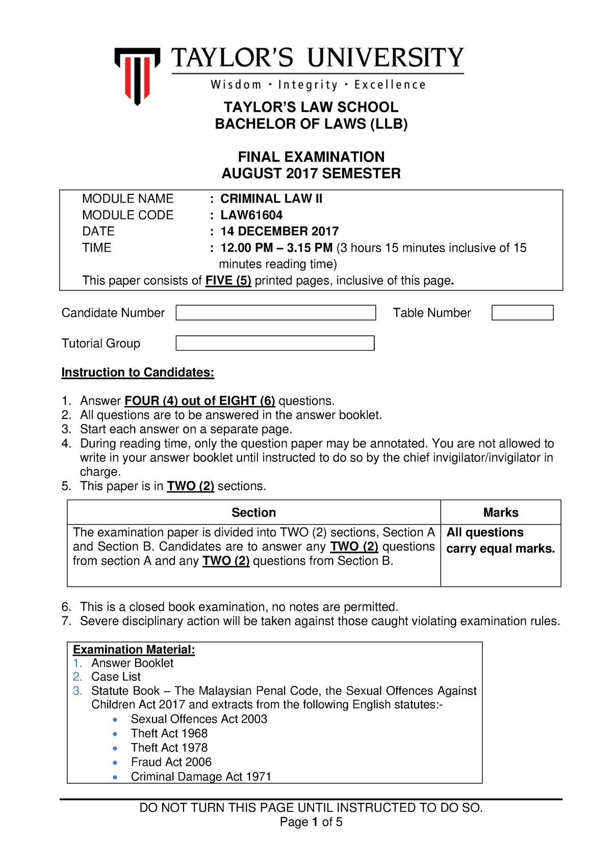 CL II 2017 08 FE - TAYLOR’S LAW SCHOOL BACHELOR OF LAWS (LLB) FINAL ...