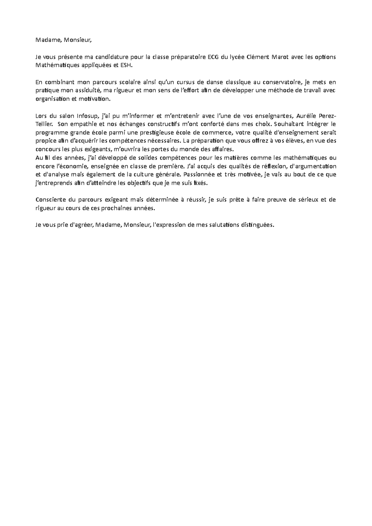 Lettre de motivation prépa lycée Clément Marot Madame, Monsieur, Je — free download
