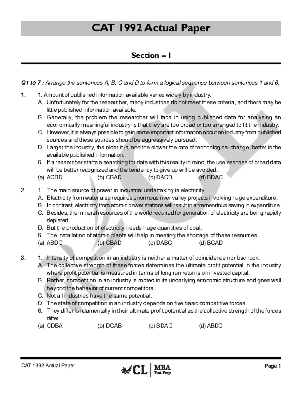 CAT 1992 Questions - Paper for Students to help preparing the cat ...