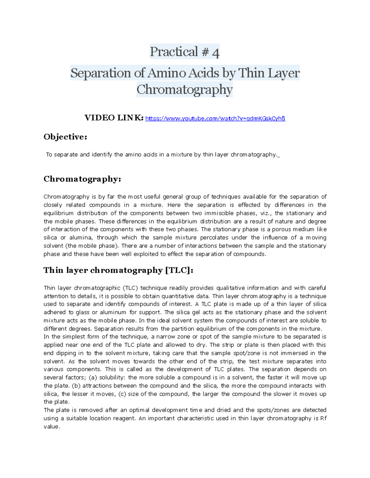 Practical chem practical Practical 4 Separation of Amino Acids by