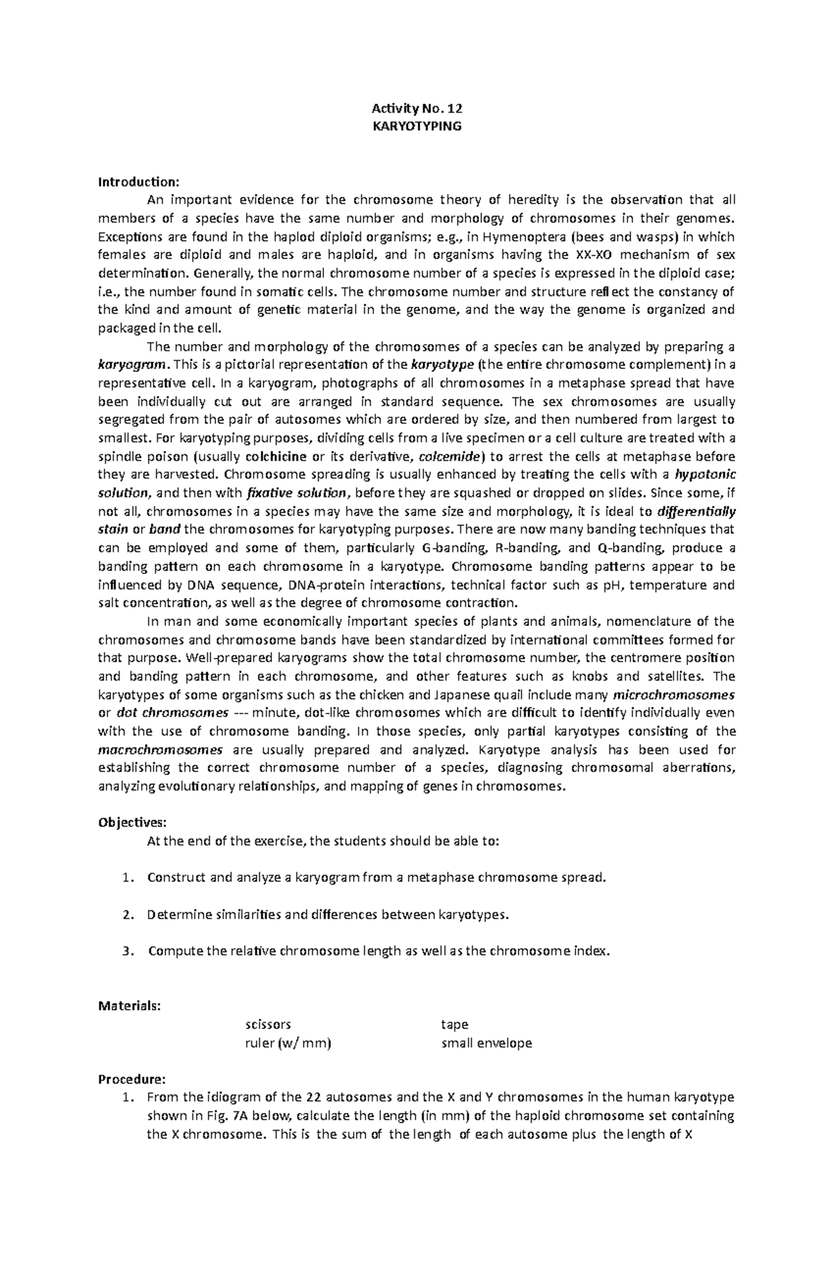 Karyotyping - Activity No. 12 Karyotyping Introduction: An Important 